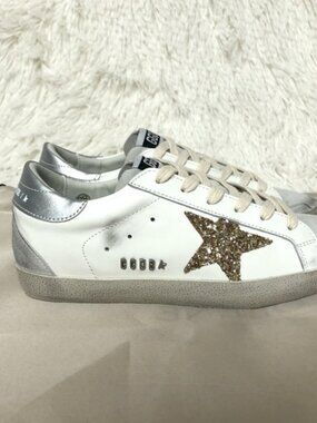 Golden Goose Women's Beige and Gold Glitter Star Sneakers